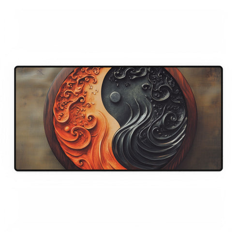 Stylized Yin Yang Made of Waves and Fire — XL & XXL Desk Mat — Full Top-Down Artwork View