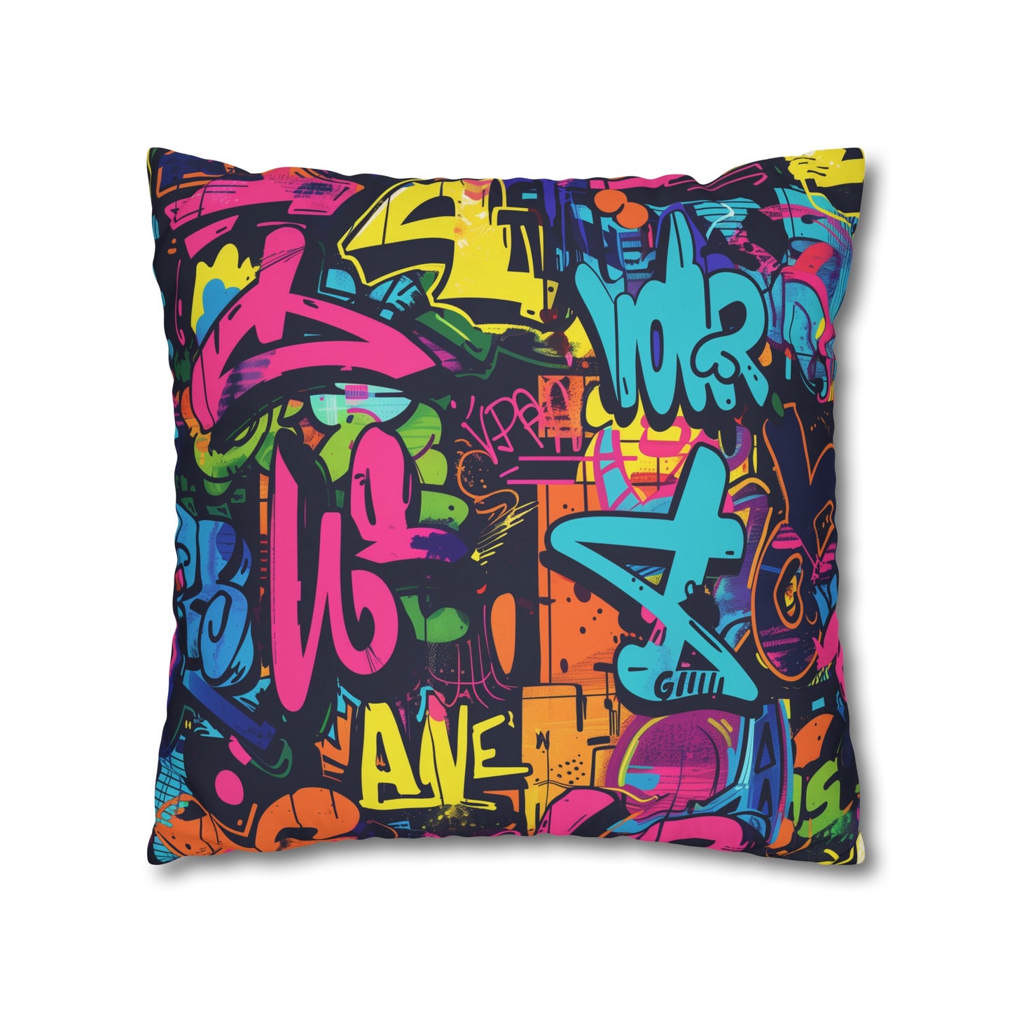 "Neon graffiti pillow case with vibrant urban pattern in bright colors for bold bedroom decor"