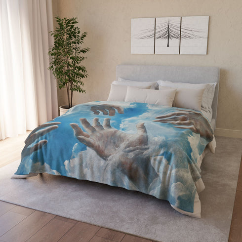 Painted Clouds Forming Human Hands — Plush Fleece Throw Blanket — Product Detail View 12