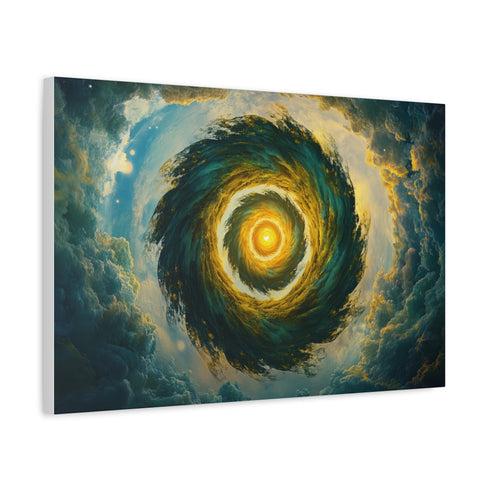 Spiral Planet Orbiting Fractal Sun — Canvas Wall Art — Side Profile & Stretched Corner Detail