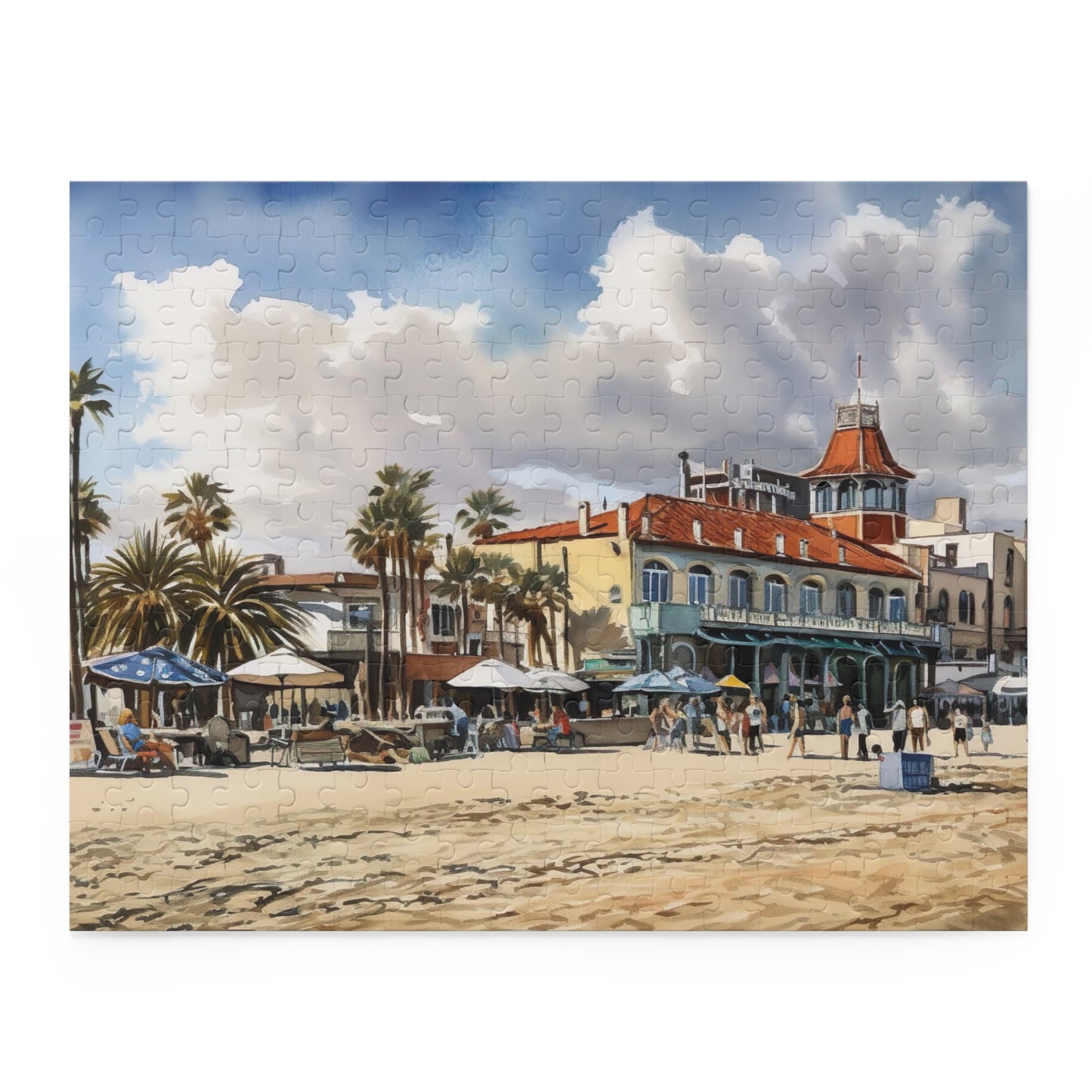 "Vibrant Venice Beach jigsaw puzzle with colorful buildings, palm trees, and bustling crowds"