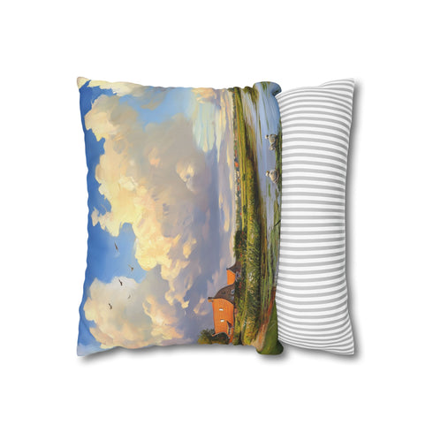 Dutch Windmills & Tulip Fields Canal — 40×40 Cushion Cover — Sofa & Living Room Lifestyle View