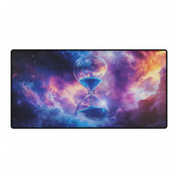Floating Hourglass in Cosmic Nebula — XL & XXL Desk Mat — Full Top-Down Artwork View