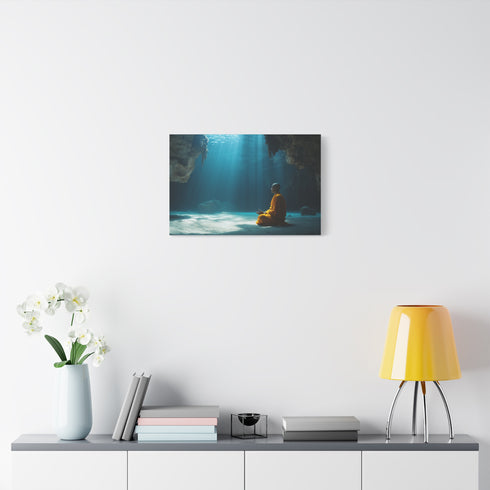 Monk Meditating in Underwater Cave — Canvas Wall Art — Kiln-Dried Pine Frame & Ready-to-Hang Back View