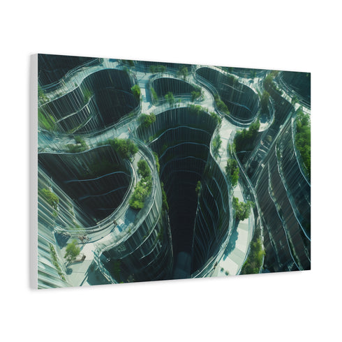 Glass Maze Growing Through Skyscrapers (Edition II) — Canvas Wall Art — Side Profile & Stretched Corner Detail