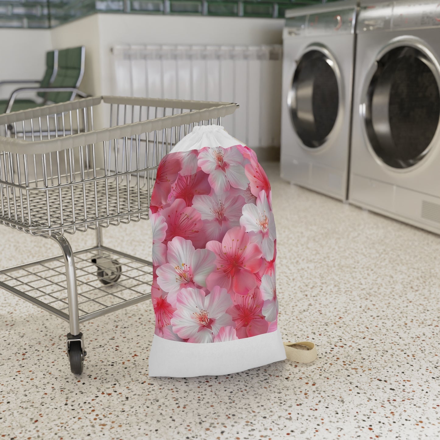 "Cherry Blossom Laundry Bag - Pink and White Seamless Pattern for Elegant Laundry Storage"