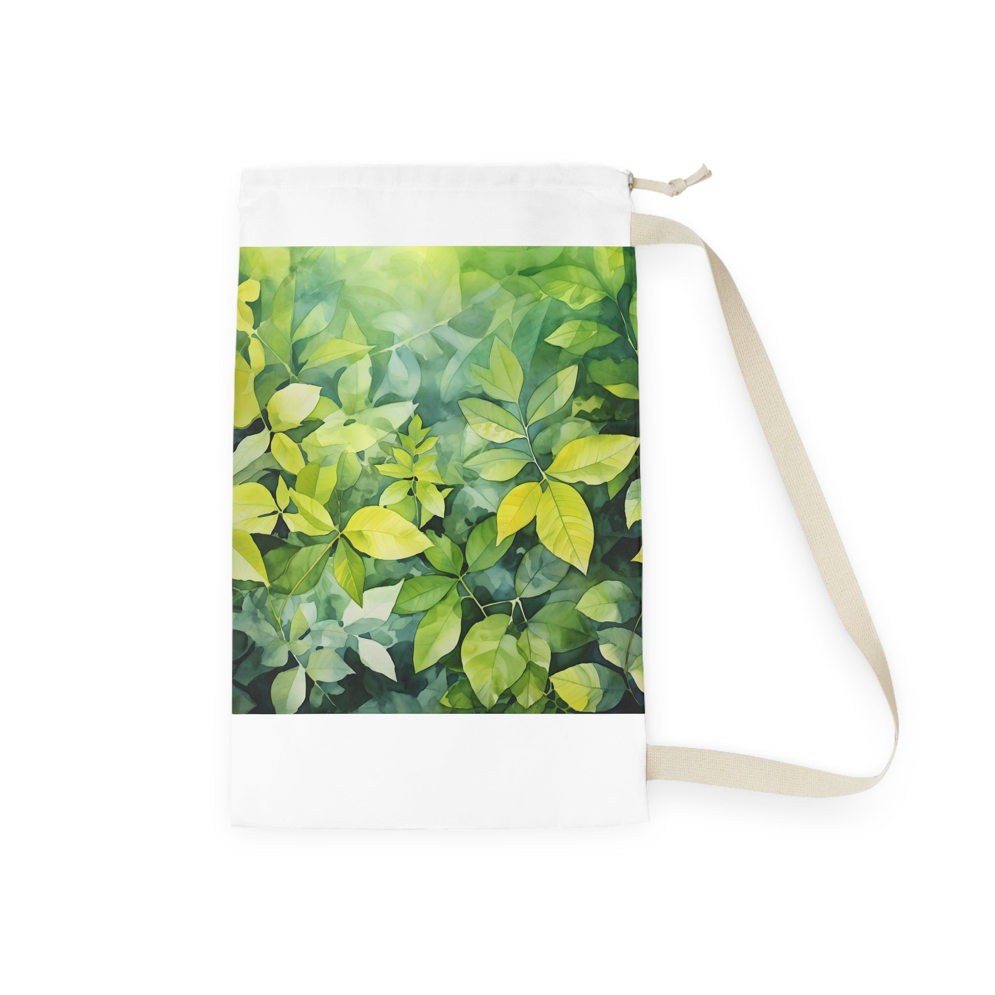 "Summer foliage watercolor laundry bag with lush foliage design, perfect for a serene escape"