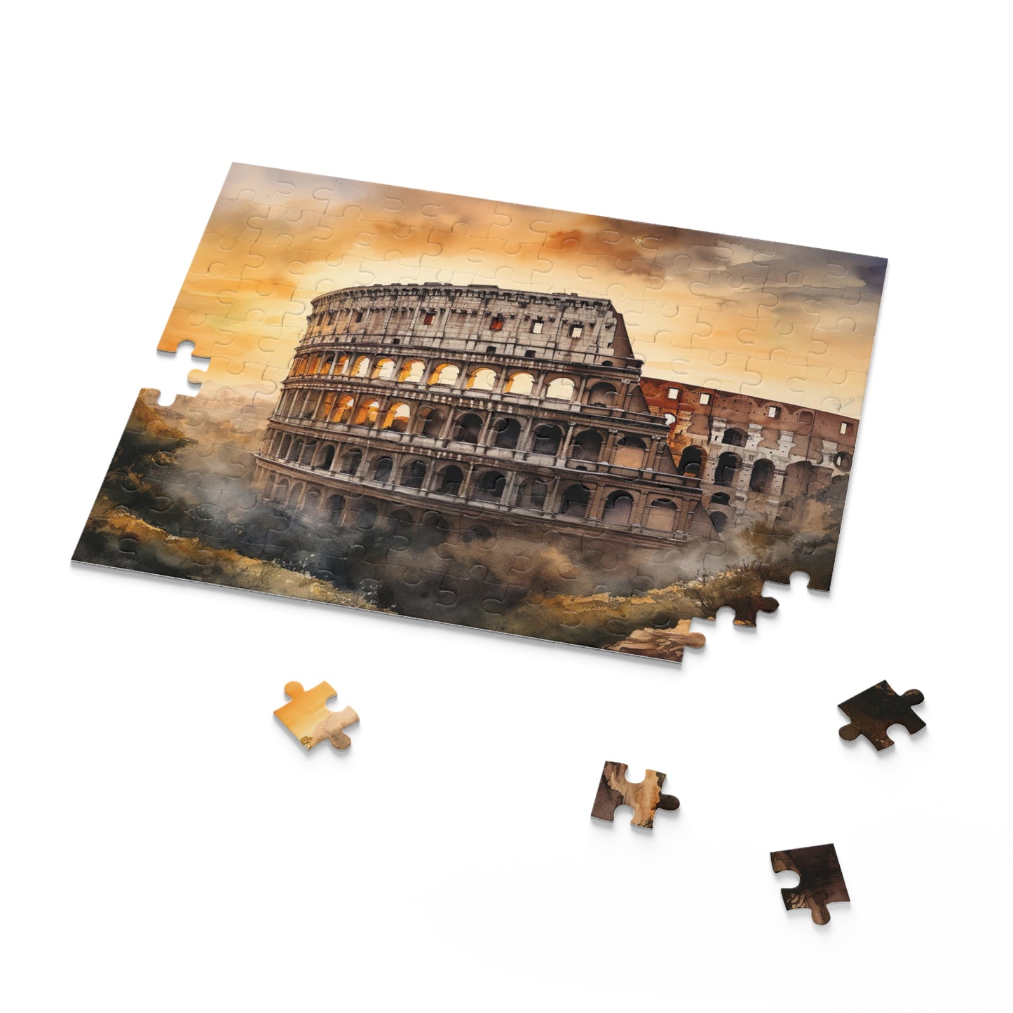 "Colosseum Sunset Jigsaw Puzzle - Piece together the beauty of Rome at sunset in this captivating puzzle. Perfect for travelers and puzzle lovers."