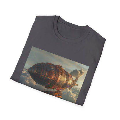 Alt text: "Above the Clouds: A Steampunk Airship Adventure t-shirt featuring a majestic steampunk airship soaring through the clouds, evoking wonder and innovation. Made of soft, breathable fabric for comfort and style, perfect for daydreaming escapes and imaginative adventures."