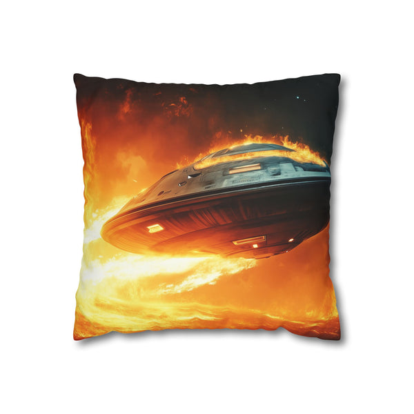 Spaceship Leaving a Burning Planet — 40×40 Cushion Cover — Front 40×40 cm Square Cushion View