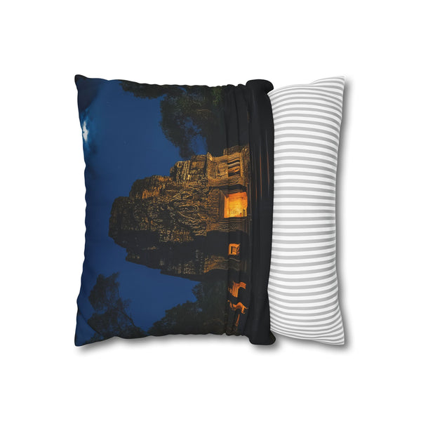Jungle Temple Illuminated by Moonlight (Edition II) — 40×40 Cushion Cover — Sofa & Living Room Lifestyle View