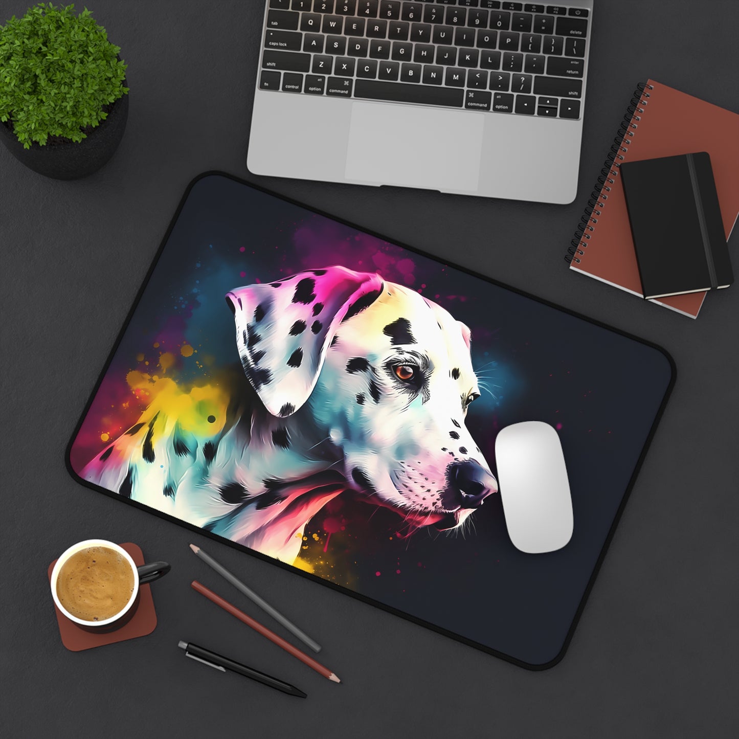 "Dalmatian Dream Desk Mat - Transform your workspace with charming and durable design."