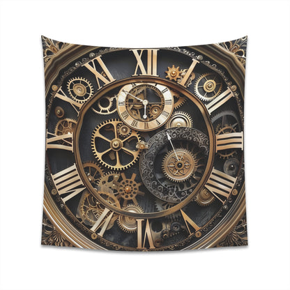 "Timeless Gears Steampunk Tapestry: Intricate clock face design with gears, cogs, and ornate details. High-quality and stylish. Perfect gift for all seasons. Available in 2 sizes - 34" x 40" and 57" x 57"."