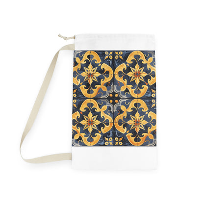 "Artisan Tiles patterned laundry bag, elegant addition to laundry routine"