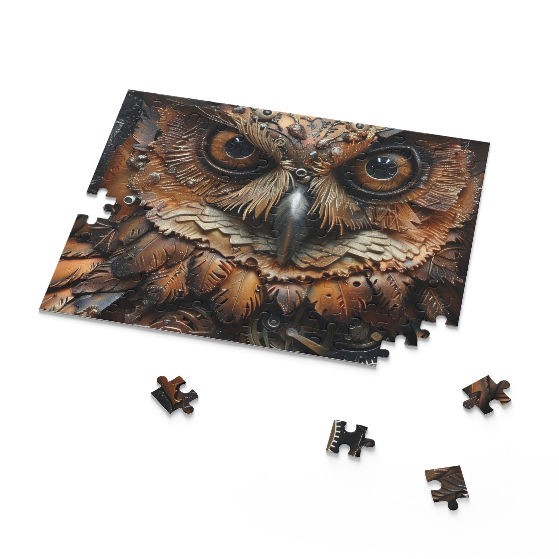 Steampunk Owl Jigsaw Puzzle - Intricate mechanical owl surrounded by gears and cogs