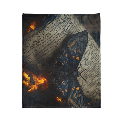 Lava Moth Resting on Burning Scroll — Plush Fleece Throw Blanket — Product Detail View 7