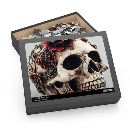 Gothic Rose Skull Puzzle - Intricate skull design with roses, captivating and challenging jigsaw puzzle