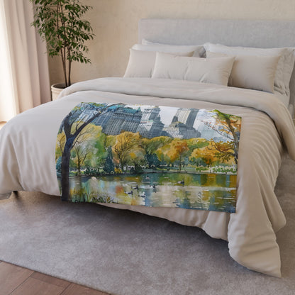 Experience the tranquility of Central Park with our watercolor escape blanket that brings a touch of nature to your urban oasis. Perfect for cozying up on chilly nights or adding a pop of color to your living space.