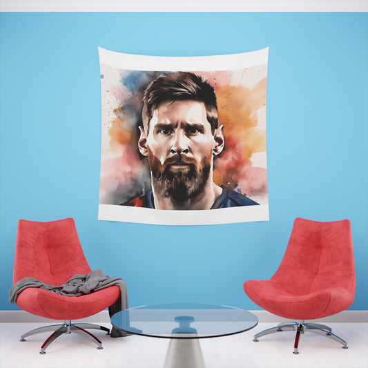 Messi: A Football Icon Tapestry | Wall Tapestry | All Over Print, AOP, Decor, Halloween, Home & Living, Home Decor, Indoor, Spring Essentials, Sublimation, Tapestry | Prints with Passion