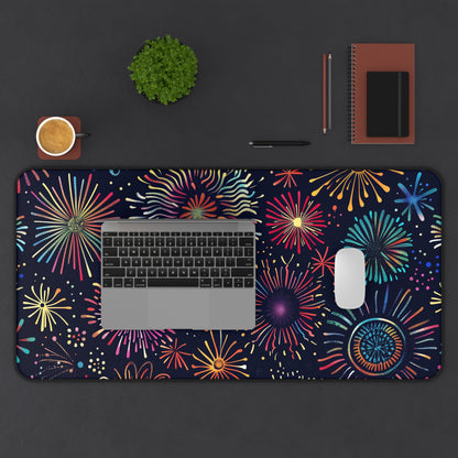 "Vibrant Fireworks Festive Desk Mat - Add flair to workspace with colorful seamless pattern"