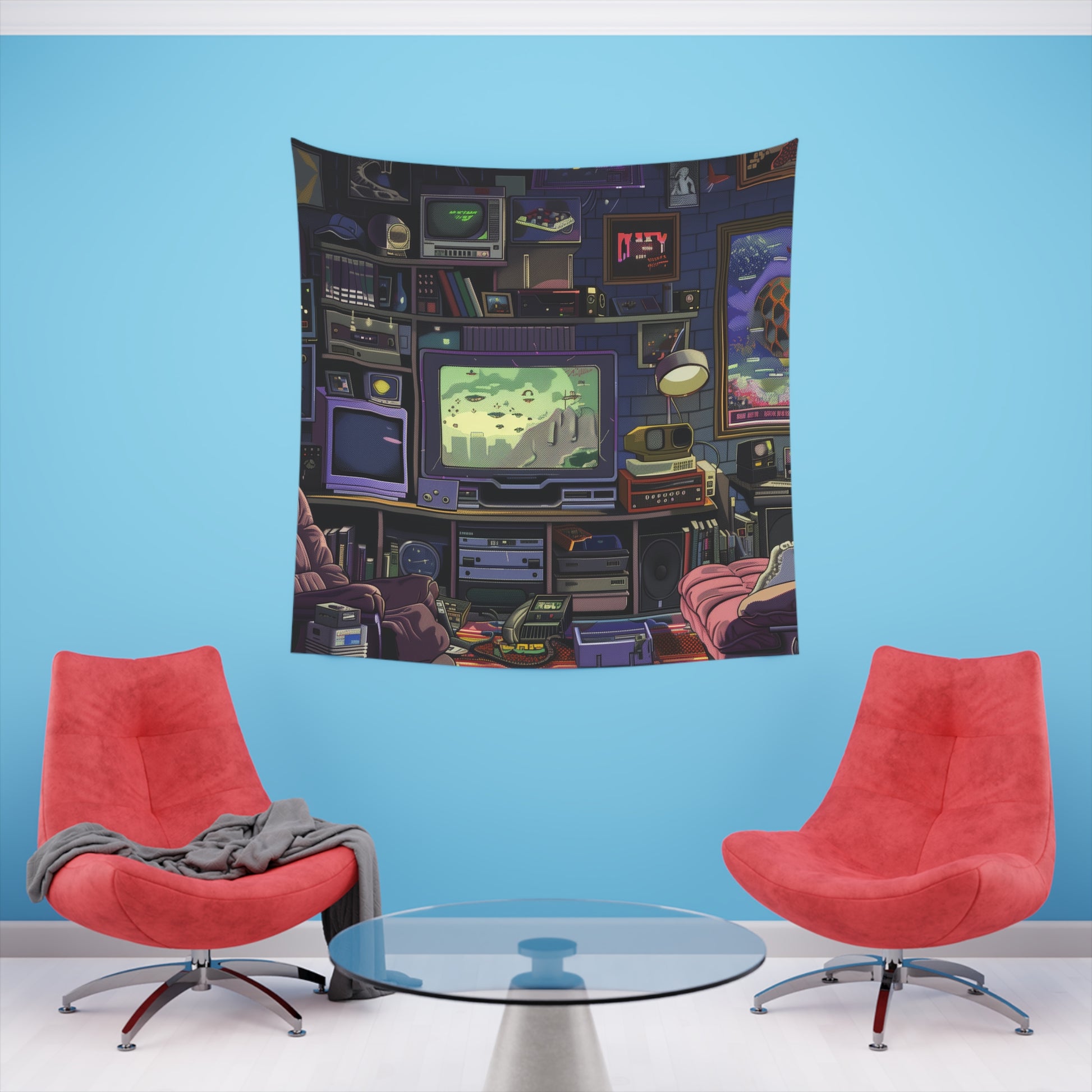 Bit Nostalgia: A Retro Gaming Tapestry | Wall Tapestry | All Over Print, AOP, Decor, Halloween, Home & Living, Home Decor, Indoor, Spring Essentials, Sublimation, Tapestry | Prints with Passion