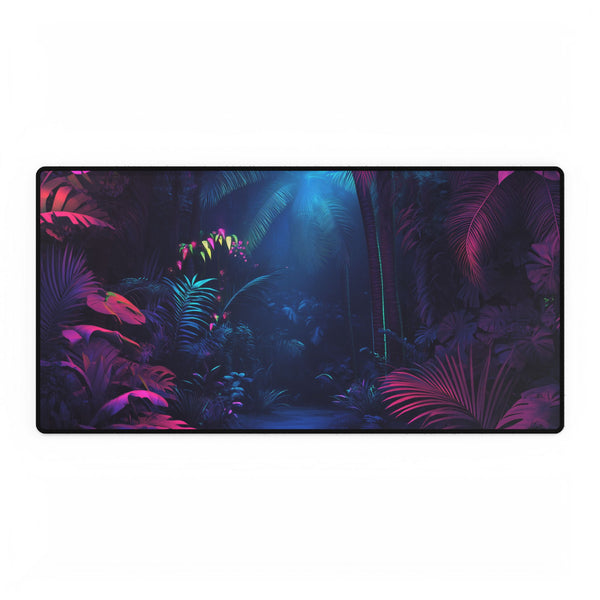 Neon Lit Jungle with Glowing Fauna — XL & XXL Desk Mat — Full Top-Down Artwork View