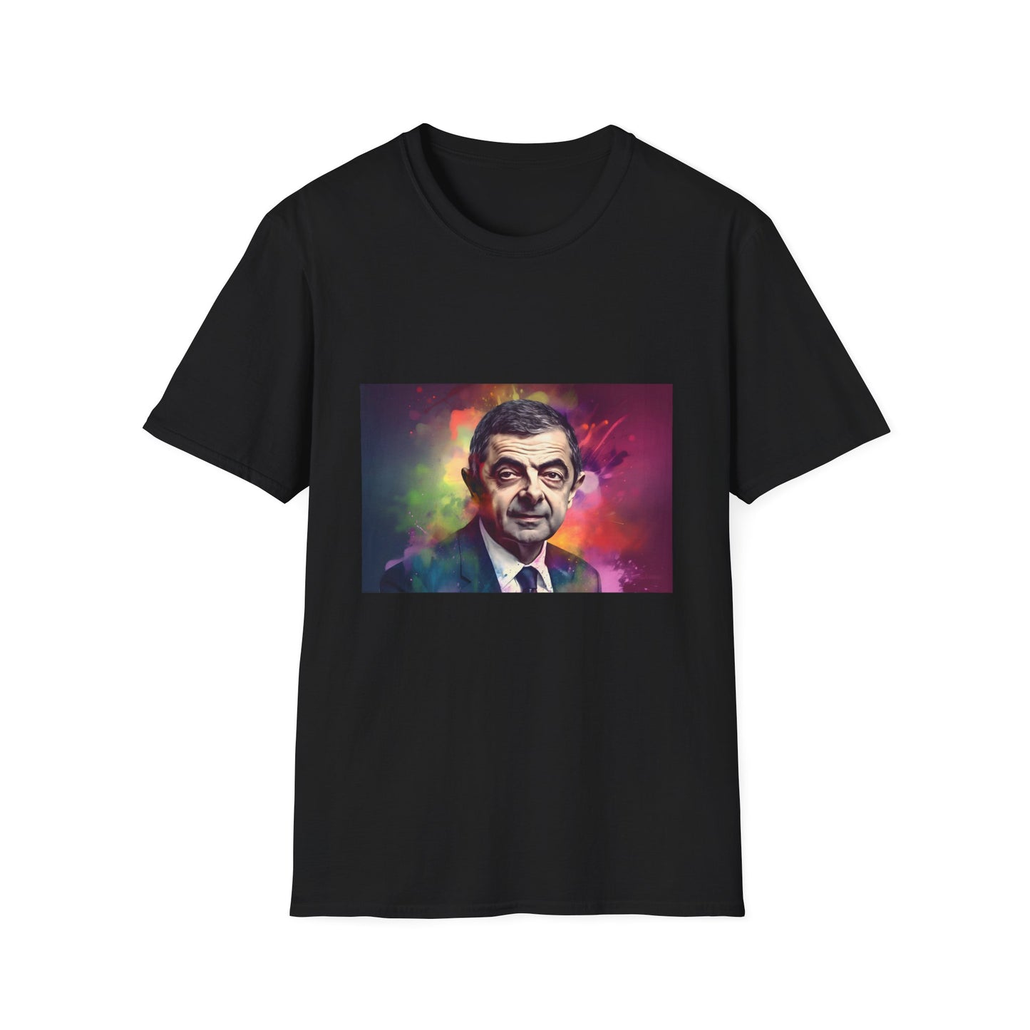 Comic Genius in Vibrant Radiance | T-Shirt | Colorful clothing, Comedian fashion, Funny t-shirt, Graphic tee, Humorous wear, Neon colors, Pop art style, Rowan Atkinson t-shirt, Unique apparel, Watercolor design | Prints with Passion