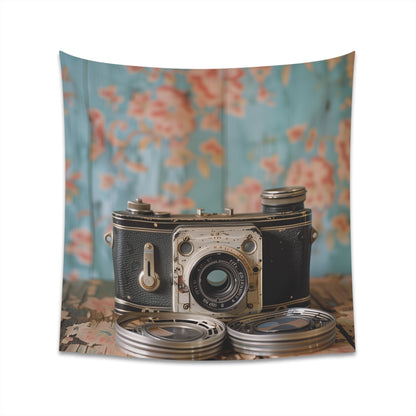 Vintage Visions: A Camera Tapestry depicting classic camera, film reels, perfect for photography enthusiasts, high-quality material, great gift option.