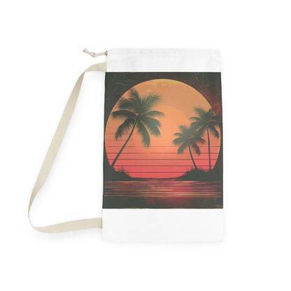 Tropical Sunset Laundry Bag with retro sunset design and palm trees for a chic laundry room vibe