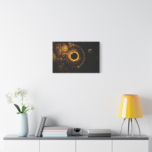 Golden Gears Orbiting Black Sun — Canvas Wall Art — Kiln-Dried Pine Frame & Ready-to-Hang Back View