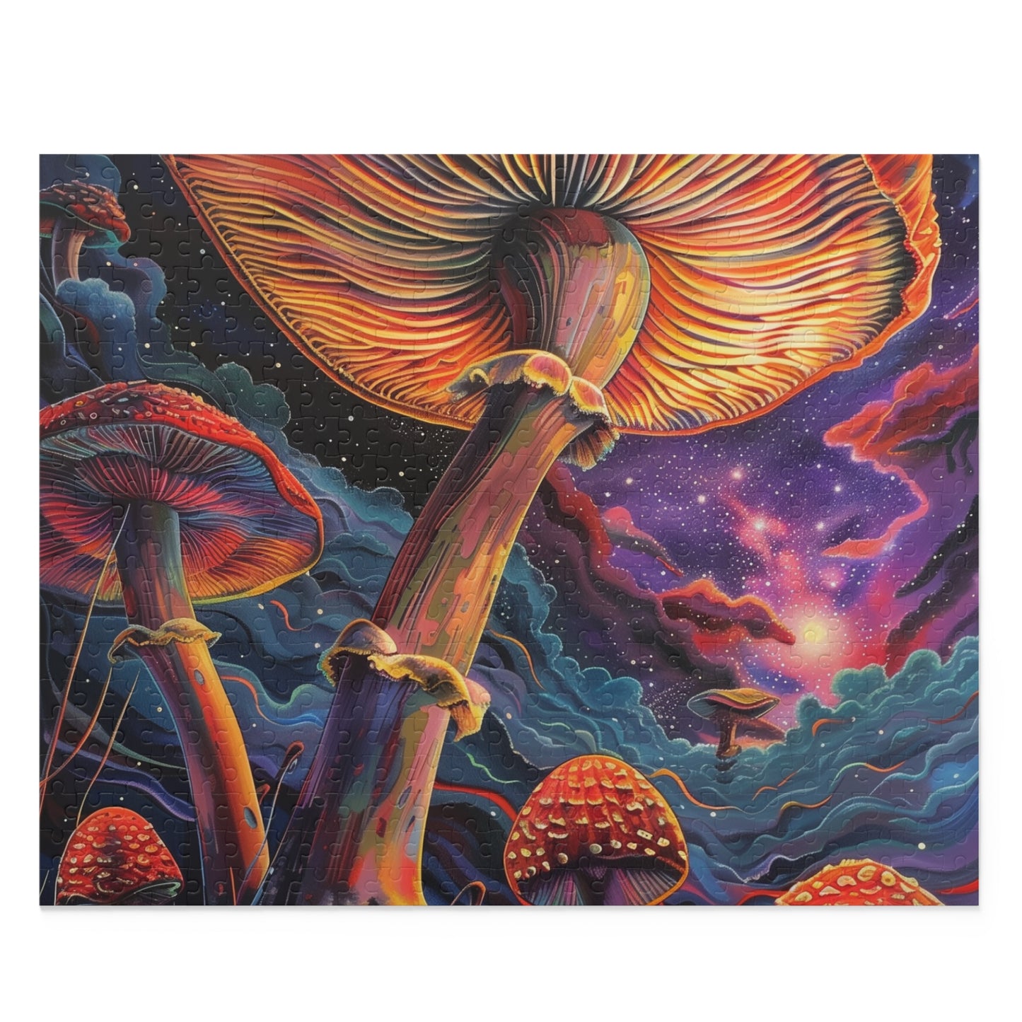 Colorful psychedelic mushroom jigsaw puzzle - vibrant, intricate, calming entertainment