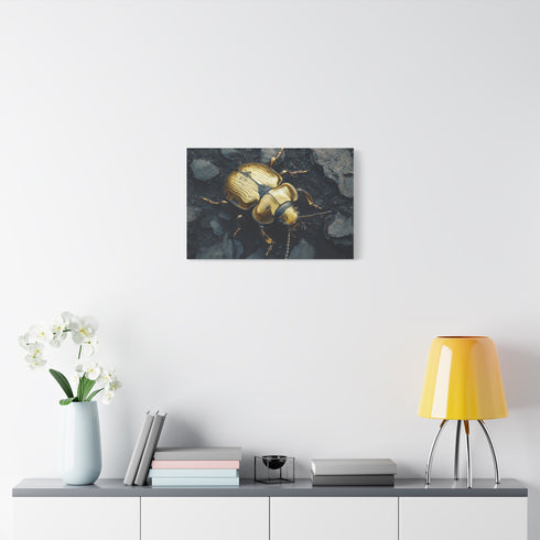 Golden Beetle Crawling on Obsidian Floor — Canvas Wall Art — Kiln-Dried Pine Frame & Ready-to-Hang Back View
