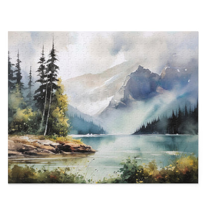 "Wilderness lake puzzle with lush green trees, perfect for nature lovers and puzzle fans"