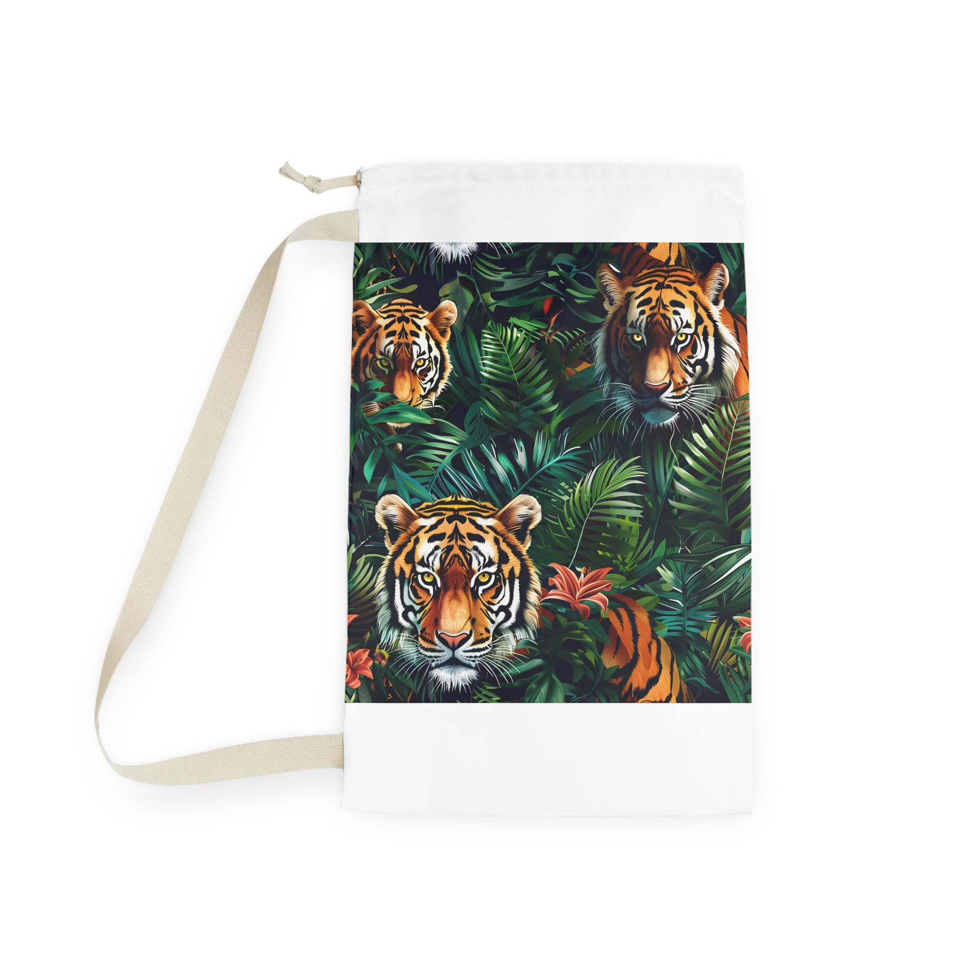 "Jungle Safari Tiger Laundry Bag - Stylish laundry transport with majestic tigers in lush foliage pattern"