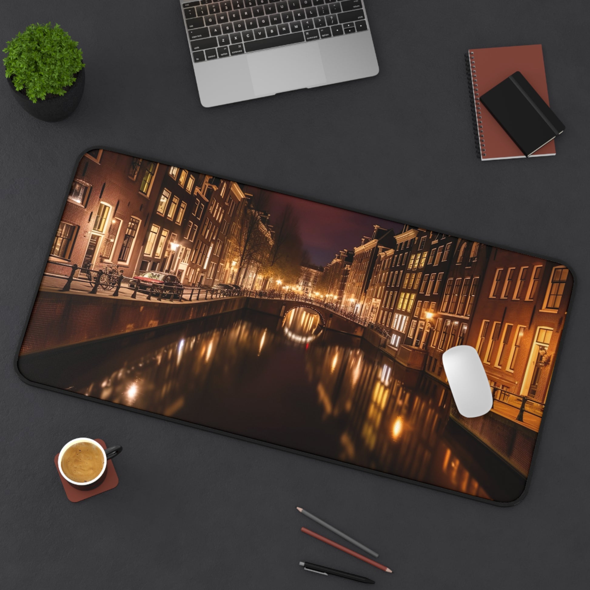 "Amsterdam Canals Night Desk Mat - Enhance creativity with stunning night scene, transform workspace in style"