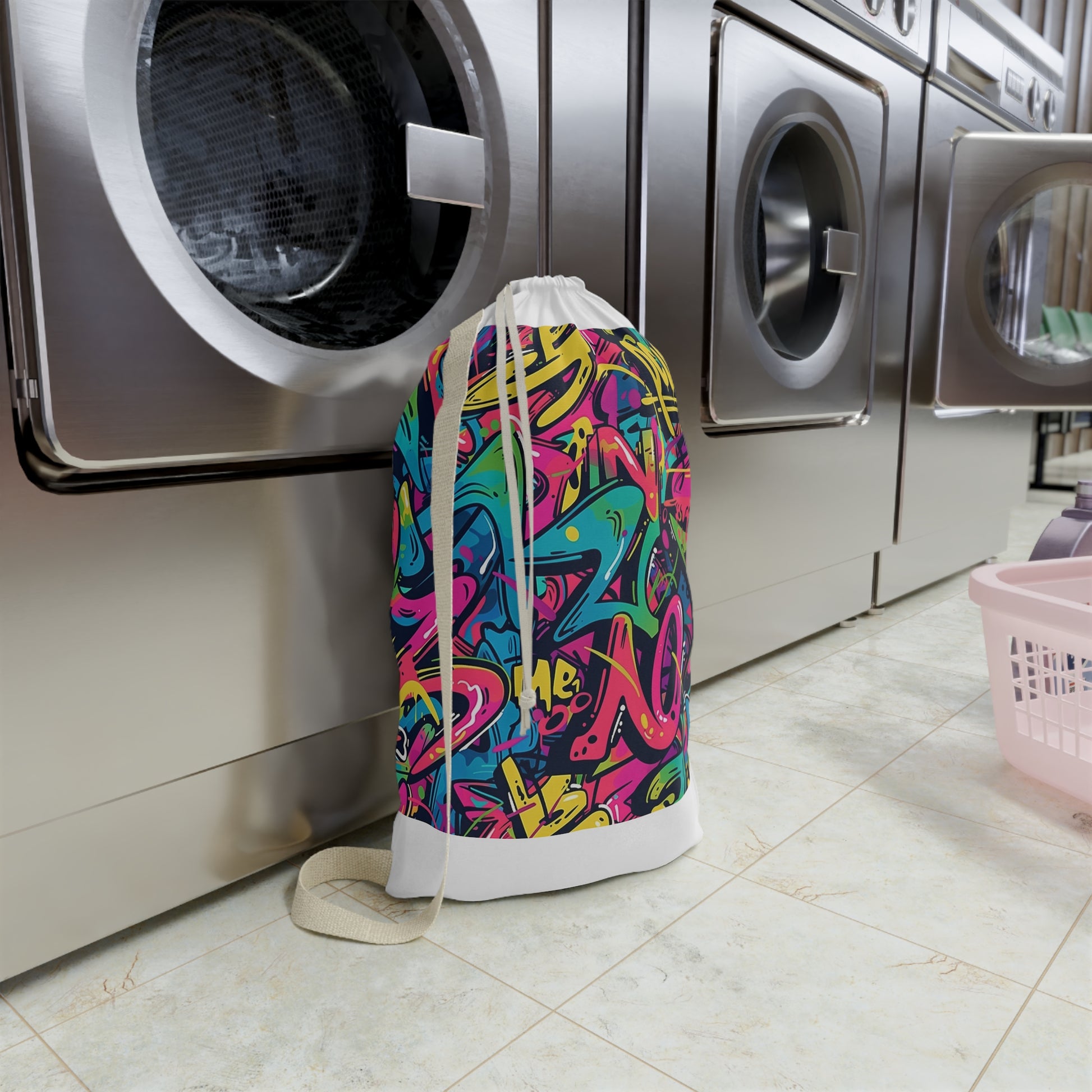 "Colorful Neon Graffiti Laundry Bag - Vibrant urban design for stylish laundry sorting"