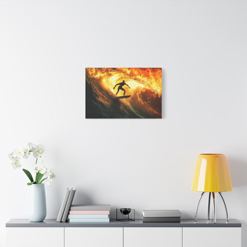 Surfer Riding Waves of Fire — Canvas Wall Art — Kiln-Dried Pine Frame & Ready-to-Hang Back View