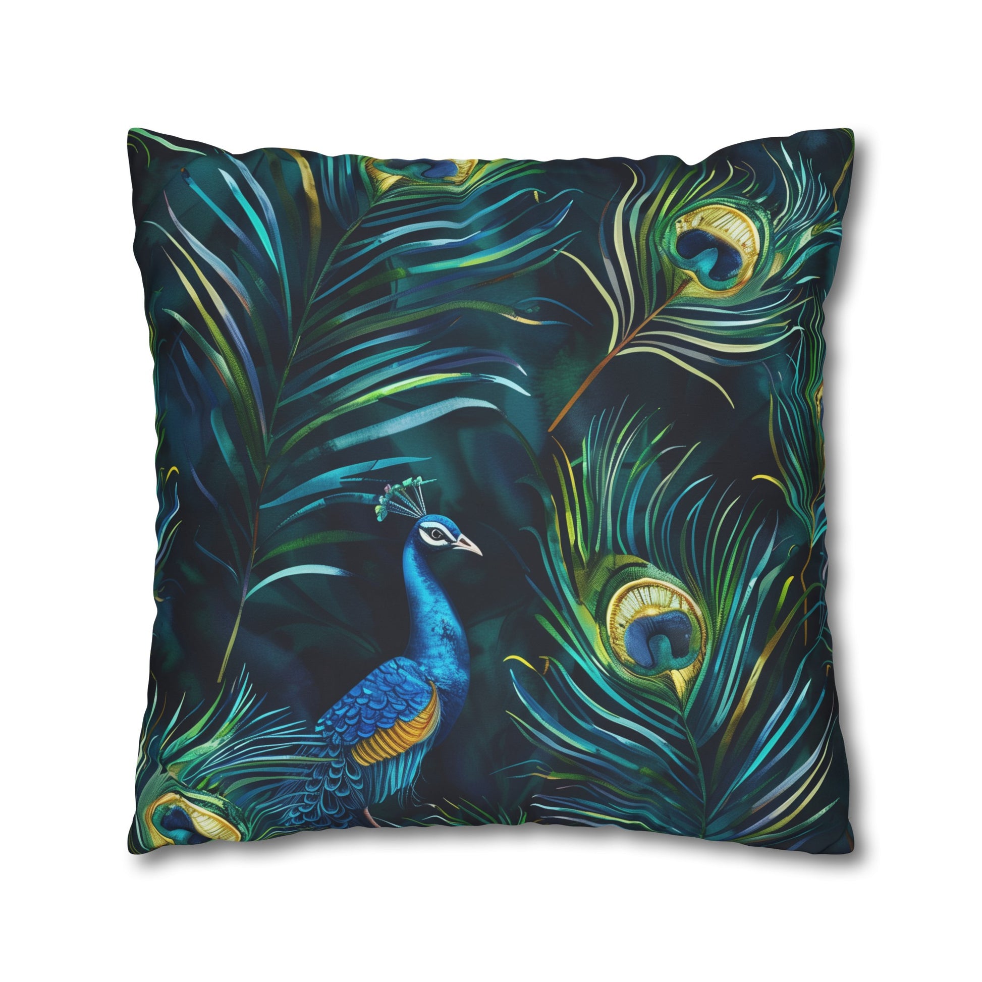 "Vibrant blue peacock feather pillowcase for luxurious bedroom decor"