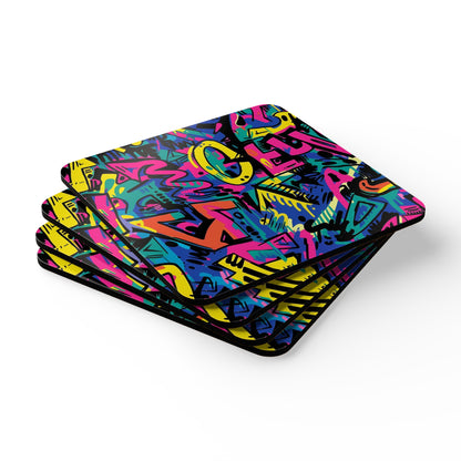 Neon Urban Graffiti Corkwood Coaster Set