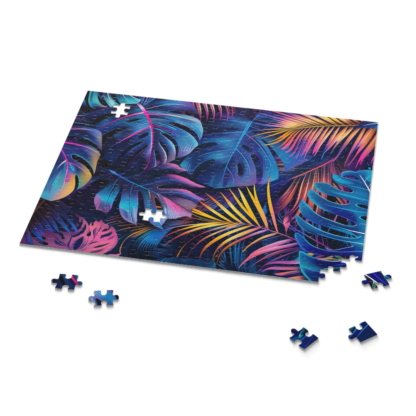 "Neon Jungle Jigsaw Puzzle - vibrant tropical leaves and palm trees, perfect for relaxation"