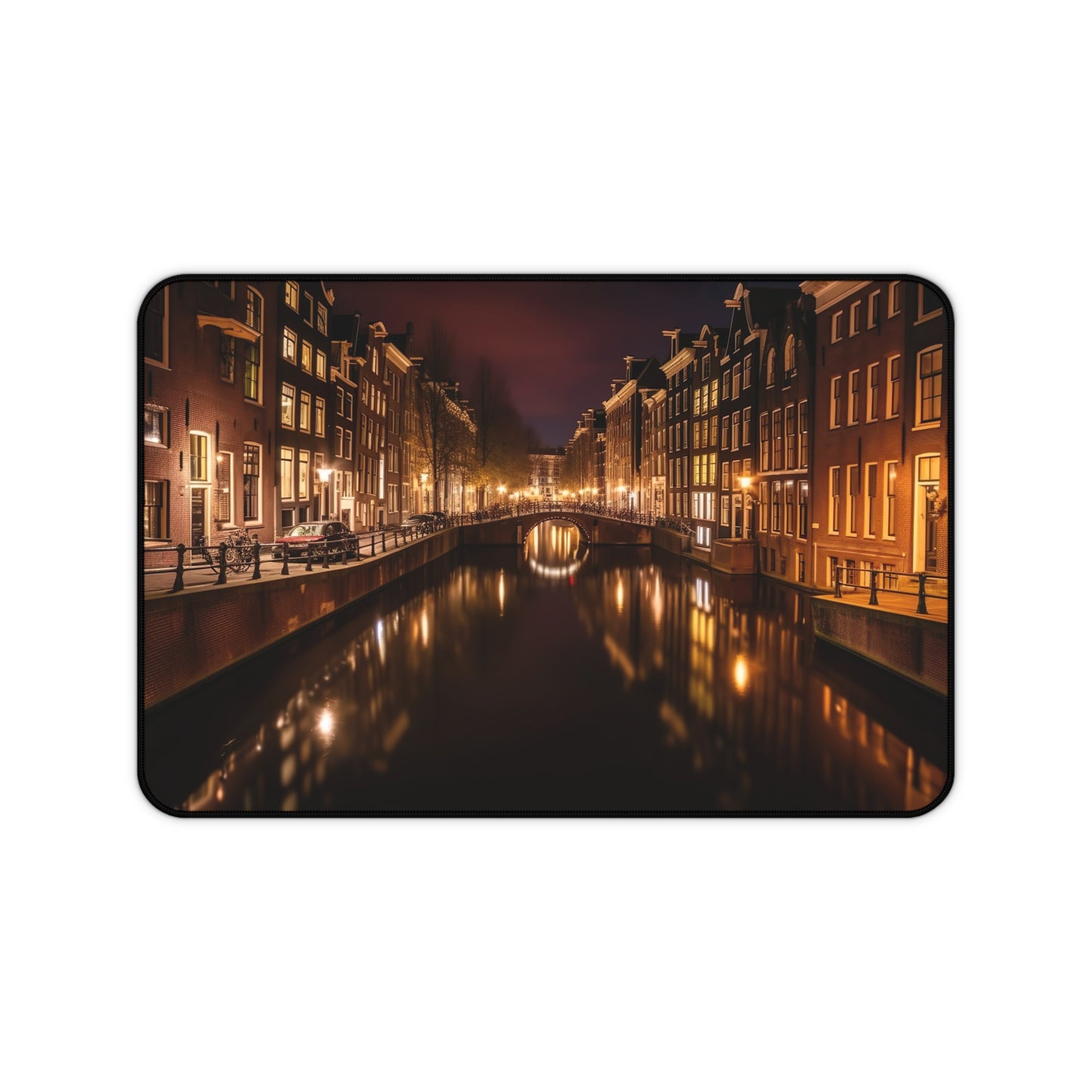 "Amsterdam Canals Night Desk Mat - Elevate workspace with iconic canal view, boost creativity in style"