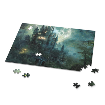 "Moonlit forest castle jigsaw puzzle for magical adventures"