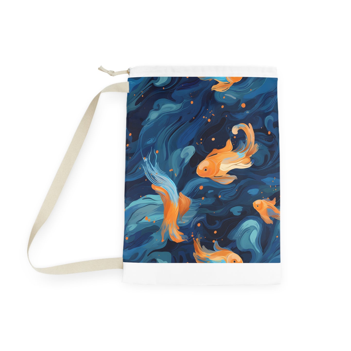 "Adorable Goldfish Swim Laundry Bag - Fun laundry day essential with school of orange koi fish design"