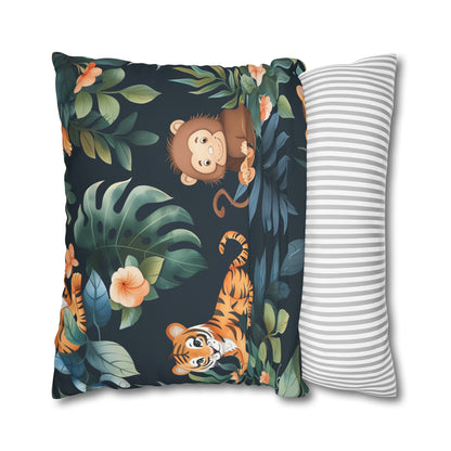 "Wild Tiger Jungle Pillow Case - Sleek design with fierce tigers in lush greenery, transform your bedroom with adventure"