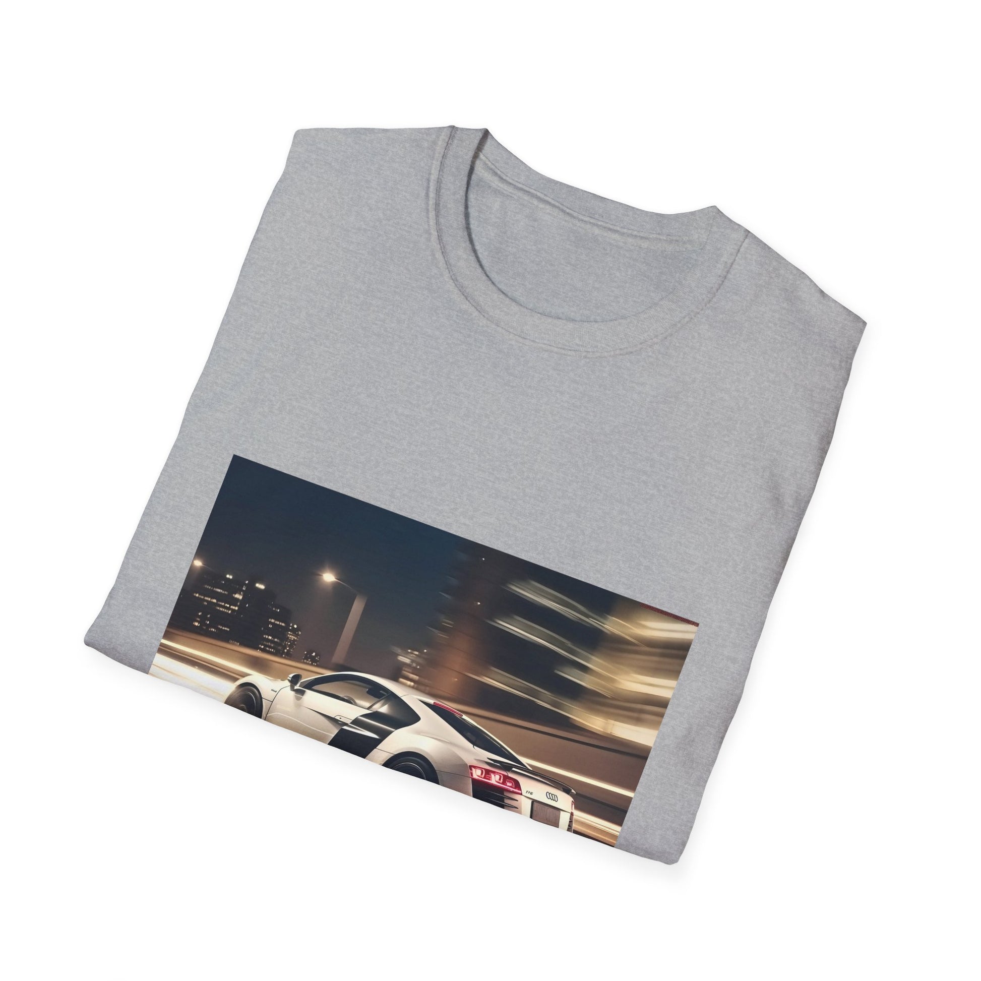 "Adrenaline Rush on Four Rings T-shirt featuring vibrant Audi R8 mid-race design"