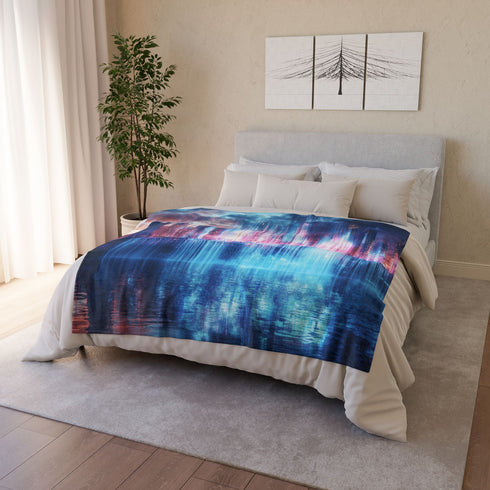 Digital Waterfall Cascading Across Skyline — Plush Fleece Throw Blanket — Product Detail View 9