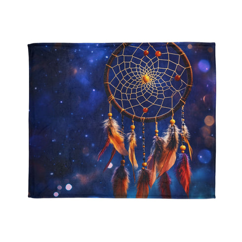 Dreamcatcher Suspended in Stars — Plush Fleece Throw Blanket — Draped Over Sofa & Bed Lifestyle View