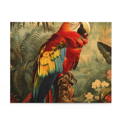 "Vibrant Parrot Paradise jigsaw puzzle set in lush tropical setting, perfect for bird lovers and puzzle fans"