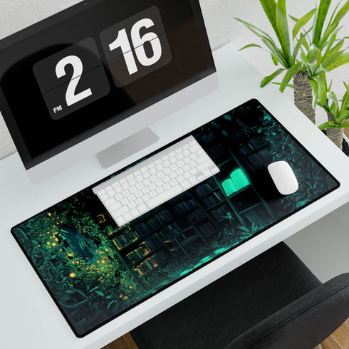 Overgrown Library with Glowing Books — XL & XXL Desk Mat — 3mm Non-Slip Natural Rubber Base Detail