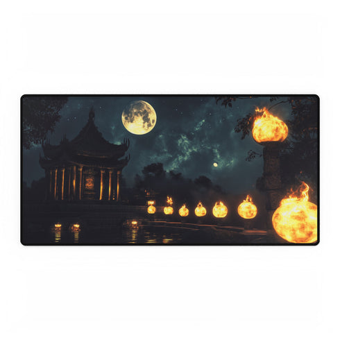 Moonlight Temple with Levitating Torches — XL & XXL Desk Mat — Full Top-Down Artwork View
